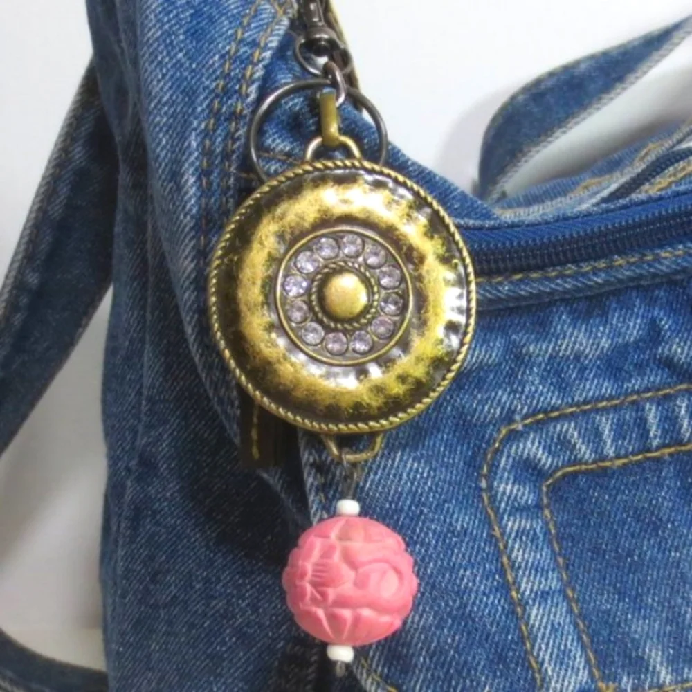 New Handmade Keychain Bag Charm Beaded Boho Antique Brass Rhinestones Faux Gem